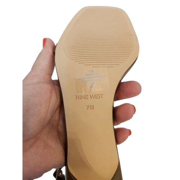 New Nine West Yess Square Toe Tapered Heel Dress Sandals Patent Brown 7M - Picture 7 of 7